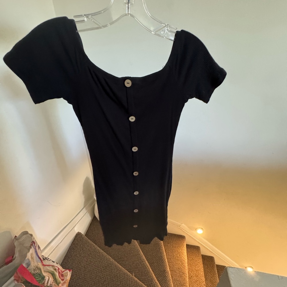 Black ribbed casual tshirt dress with buttons